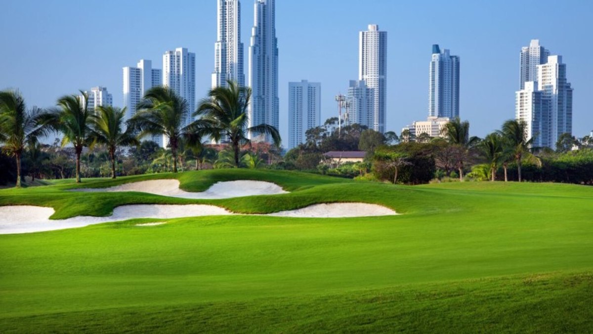 Towering high-rises, many built in the last few years, loom over the Jack Nicklaus-designed Santa Maria Hotel & Resort golf course in Panama City. 